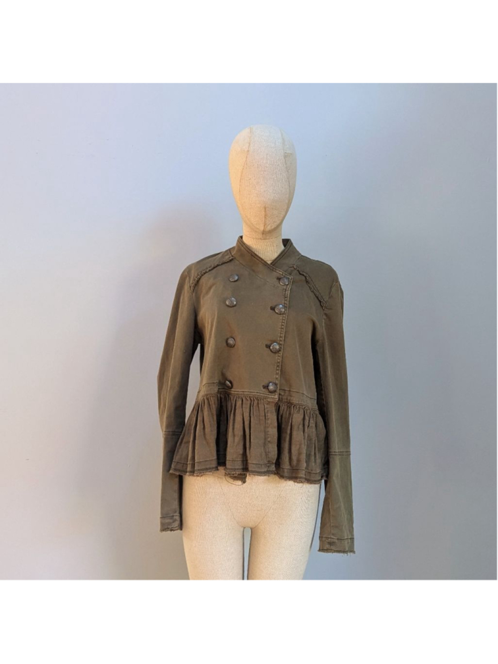 Free People Olive Military Inspired Flared Hem Denim Jacket - Small - Picture 2 of 11